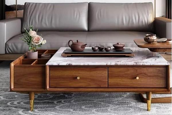 Mẫu bàn kính sofa đơn giản với chất liệu từ gỗ tự nhiên