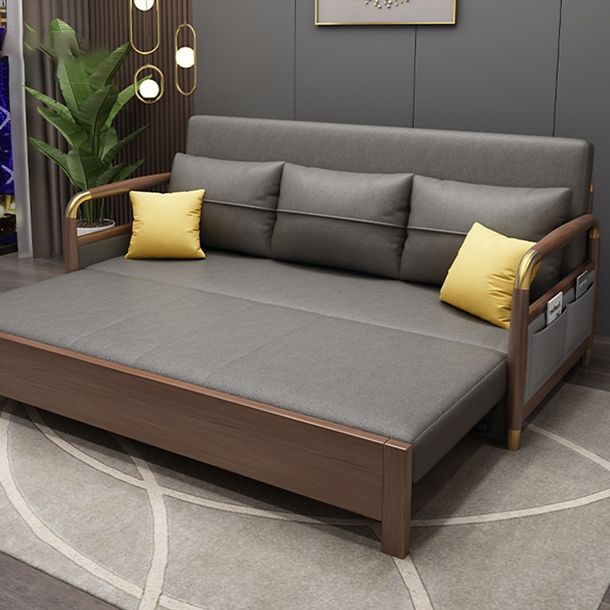 sofa giường bằng gỗ nâu xám